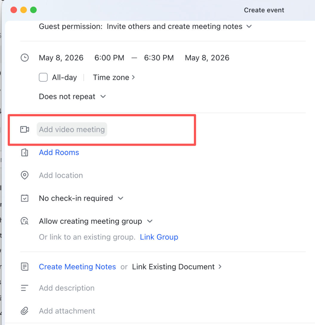 飞书：Add video meeting